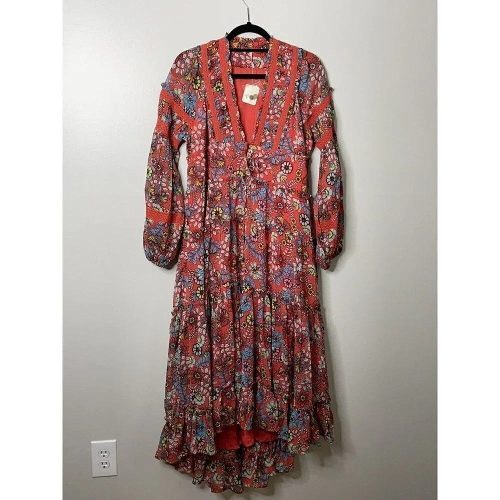 Free People Cassis Printed Chiffon Red Dress Flowy Maxi Party Size XS $168 NWT